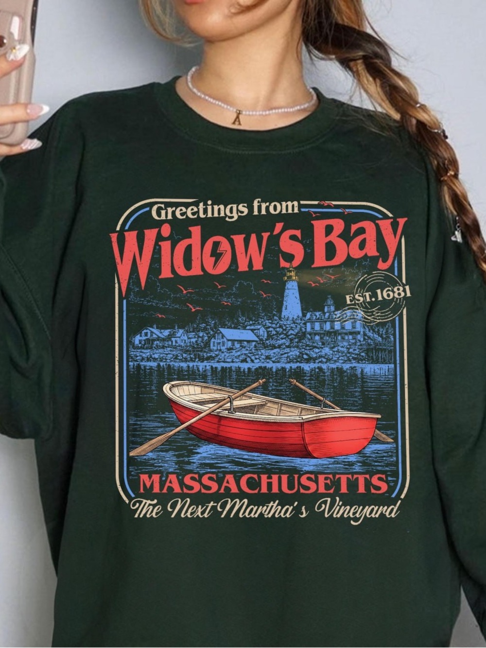 Greetings from Widow's Bay Massachusetts Dark Green Graphic Sweatshirt